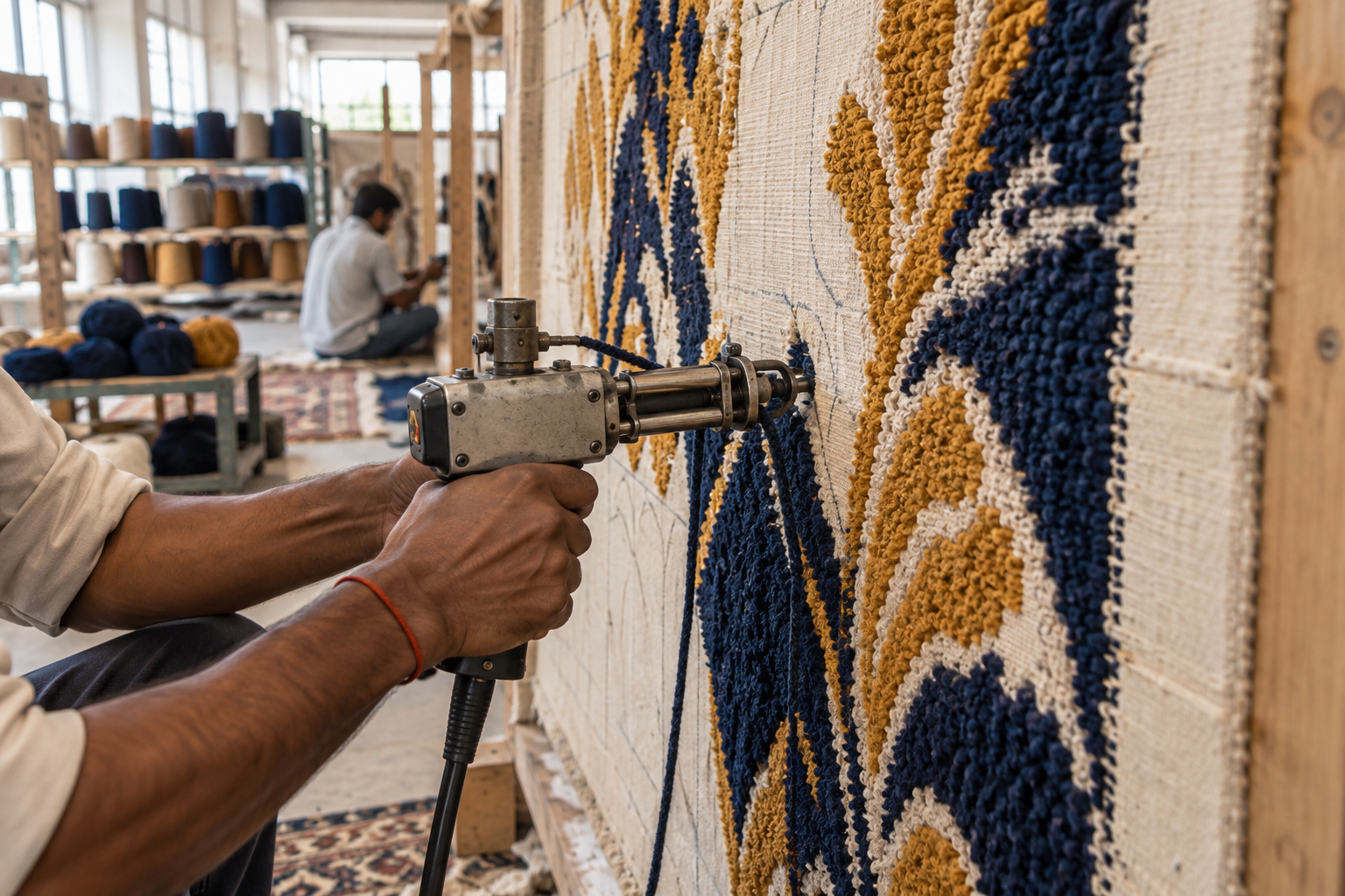 Artisan hand-tufting a wool rug in a workshop