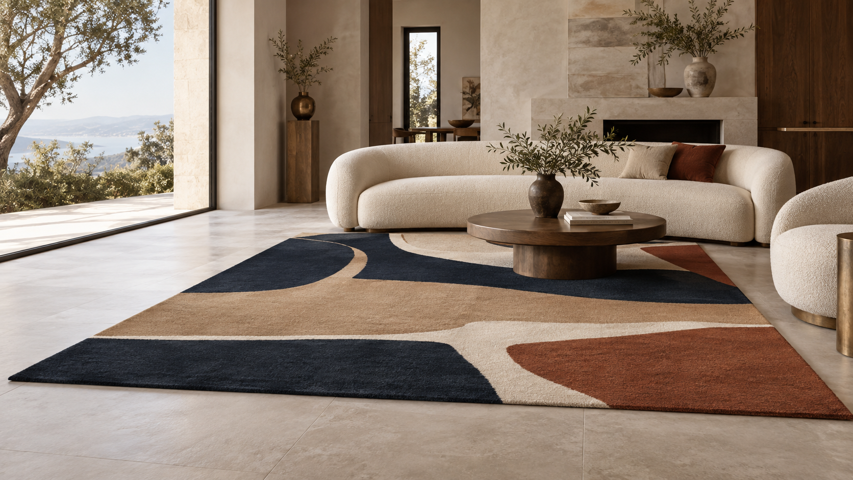 Contemporary interior featuring a handcrafted Sunfluent-style wool rug